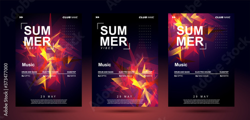 Music poster templates for bass electronic music. Club banner design. Night sound event. Shining geometric shapes chaotically arranged. Sound explosion.