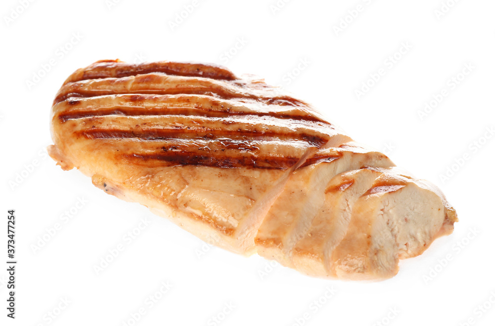 Tasty cut grilled chicken fillet isolated on white Tasty cut grilled chicken fillet isolated on white