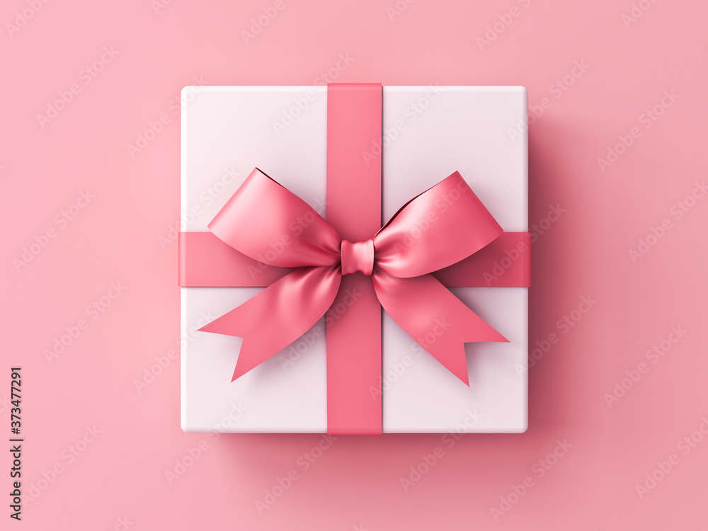 Sweet white present box or gift box with pink ribbons and bow isolated on pink pastel color background with shadow 3D rendering