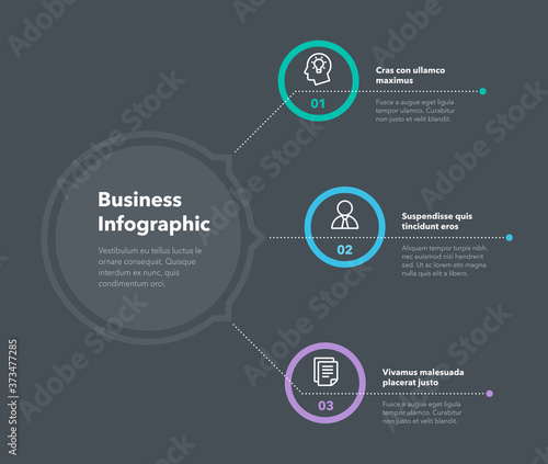 Simple concept for business diagram with three steps and place for your description - dark version. Flat infographic design template for website or presentation.