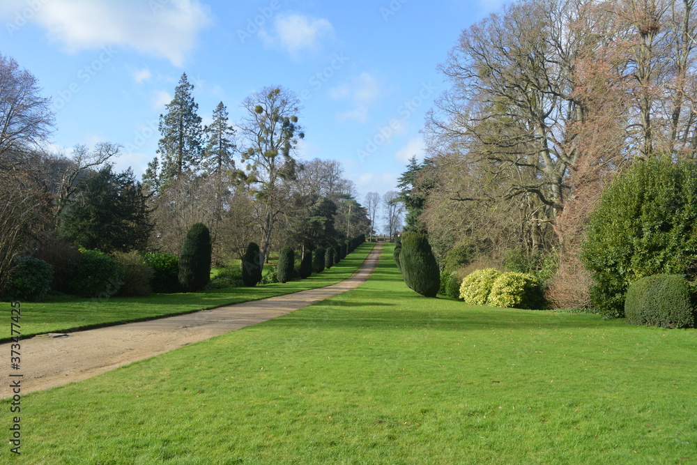 Beautiful garden driveway of a large English park estate in the sunshine, with trees, hedges and green lawn