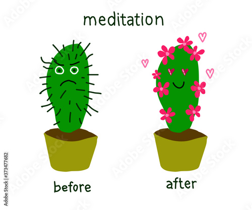 Cactus and meditation on a white background. Cartoon. Vector illustration.