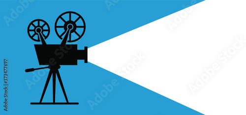 Old retro movie and film, background in flat style. Theater screen, premiere signs. Vector cinema camer film projector, flat concept icon. Template for poster, banner or wallpaper. Video filmstrip.