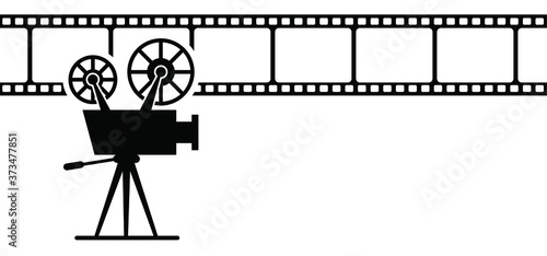 Old retro movie and film, background in flat style. Theater screen, premiere signs. Vector cinema camer film projector, flat concept icon. Template for poster, banner or wallpaper. Video filmstrip.