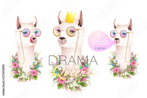 Llama no drama designer collection for t shirts, greeting cards and other projects. Realistic vector lama animal character illustration with golden modern quotes lettering. Vector in watercolor style.