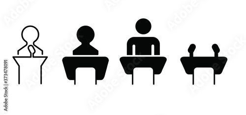 lecture at a desk Lectern icon Vector sign Speaker giving a talk to meeting on videoconferencing event Speech video conference Online webinar briefing To meet webcam screen video call Home distance
