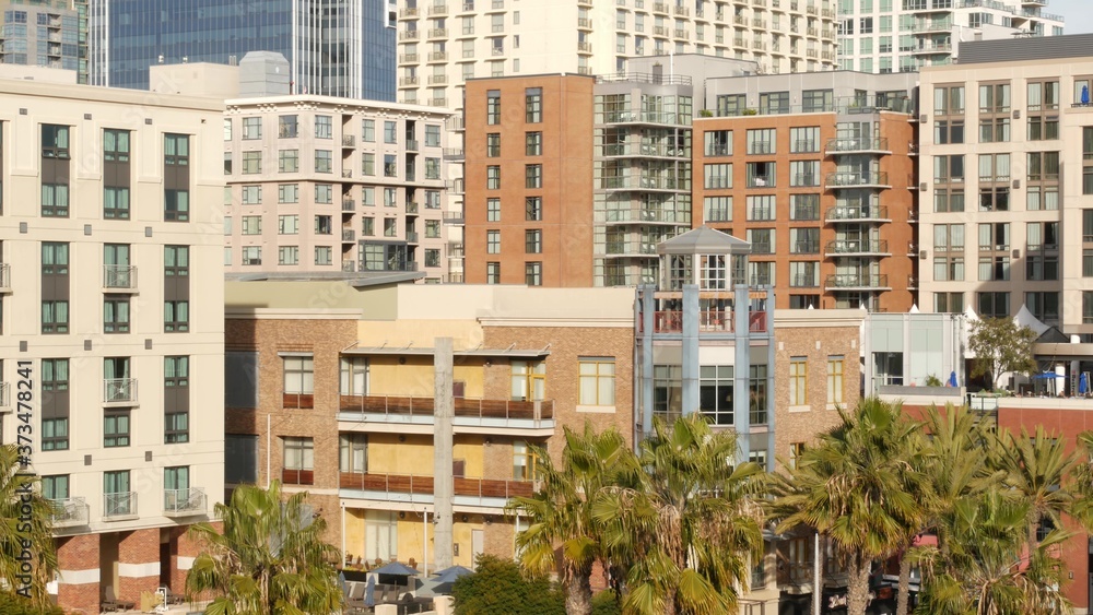 Metropolis urban skyline, highrise skyscrapers in city downtown, San Diego county, California USA. From above aerial view, lot of various buildings in Gaslamp Quarter. Overlook the financial district