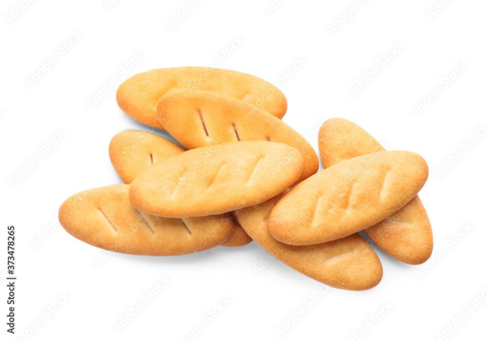 Delicious crispy crackers isolated on white, top view Delicious crispy crackers isolated on white, top view
