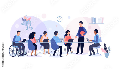 Stampa su tela Business meeting and team work, group of people working in office, planning, workflow, time management and presentation concept, vector illustration