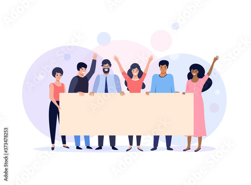 Group of people holding blank banner, business team with empty billboards in hands. Vector illustration