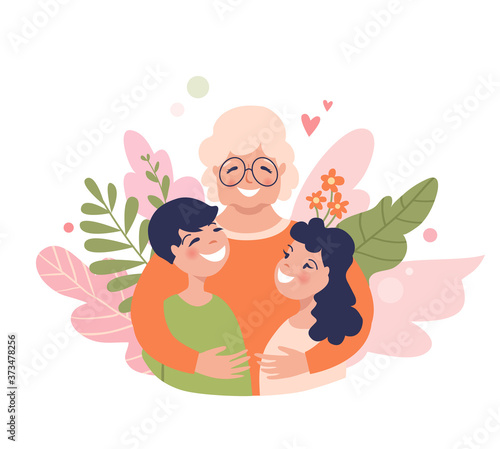 Granny and grandchildren are hugging, happy grandmother with smiling kids. Senior Insurance concept illustration, family relations vector.