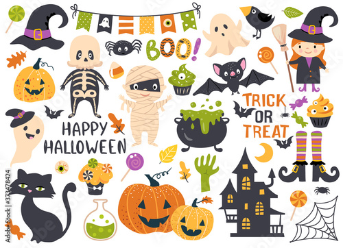 Halloween element set: witch, ghost, spooky castle, mummy, skeleton, funny pumpkins. Perfect for scrapbooking, greeting card, party invitation, poster, tag, sticker kit. Hand drawn vector illustration