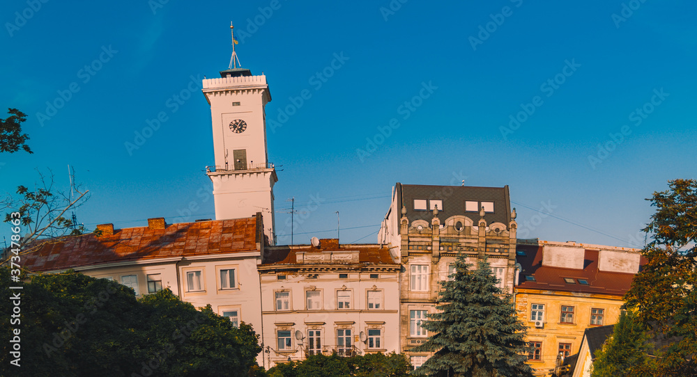 old city wallpaper poster photography medieval building and town hall urban landmark view in autumn September day time with blue sky