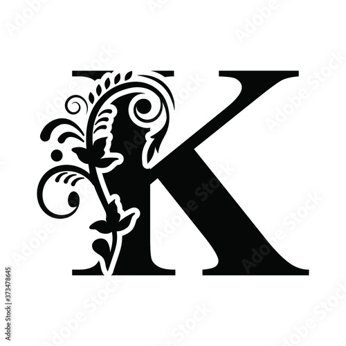 letter K flower  ornament. Vector logo. Monogram alphabet. Beautiful floral capital letters
