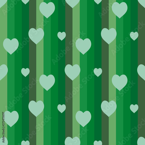 Seamless pattern with light green hearts on striped green background. Vector image.