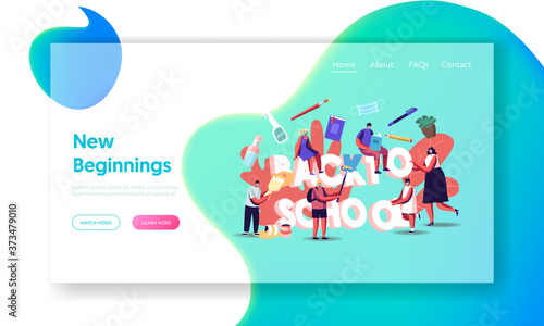 Back to School Concept Landing Page Template. Students and Teacher Characters Wear Medical Masks with Studying Supplies