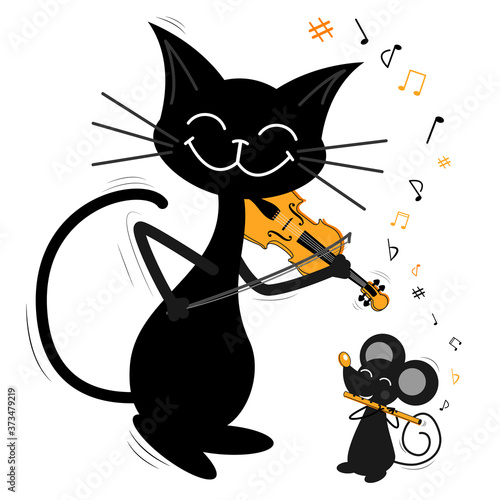 Two musicians-friends, a black cat and a grey mouse are playing music. The black cat is playing violin, the rat is playing flute. Funny kind cartoon illustration about music, friendship and animals.