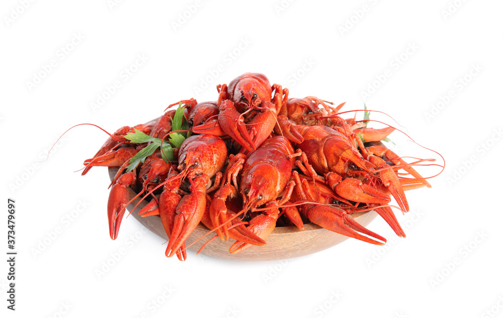 Bowl with delicious boiled crayfishes isolated on white Bowl with delicious boiled crayfishes isolated on white