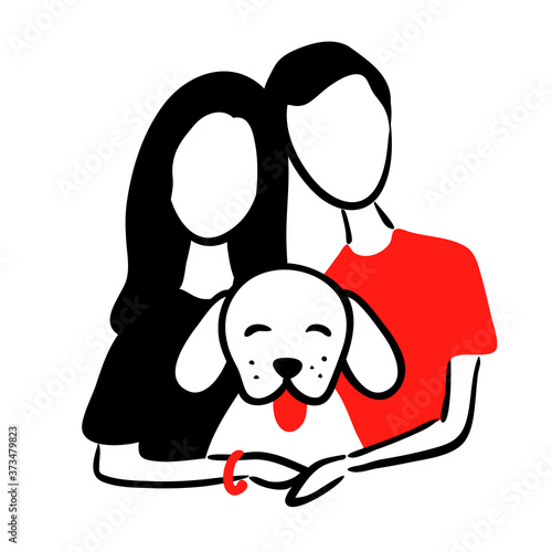 Cartoon portrait of couple loves dog logo line art. Man and woman hugs pet vector illustration. Happy family care about domestic animals outline round symbol. Zoo highlights simple icon isolated