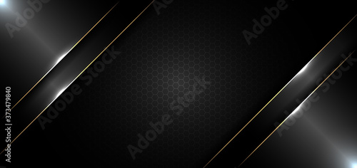 Abstract banner design template black glossy with gold line and lighting effect on dark background and texture