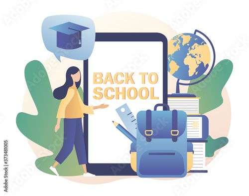 Back to School. Tiny girl with smartphone app, backpack, educational tools, school stationery, globe and books. Education concept. Modern flat cartoon style. Vector illustration on white background