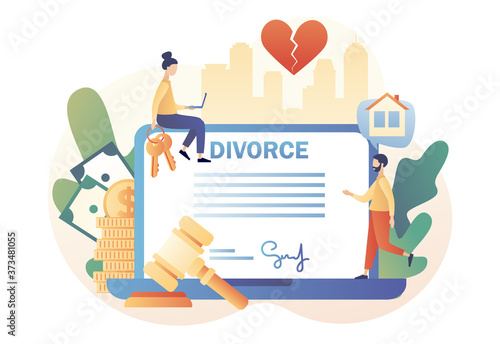 Divorce concept. Tiny people relationship breakup. Husband and wife sign agreement divorce document and property divison online. Broken heart. Modern flat cartoon style. Vector illustration