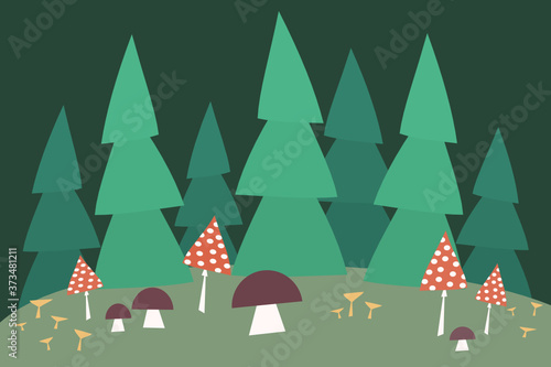 Simple geometric vector forest background with fir trees and various mushrooms: fly agaric, chanterelles, boletes (porcini)
