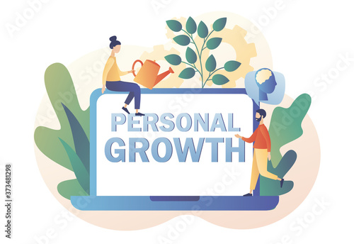 Personal growth big text on screen laptop. Metaphor growth personality as plant. Tiny people that self-improvement, self development. Modern flat cartoon style. Vector illustration 