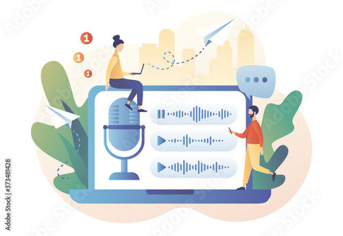Voice messages concept. Chat app. Online communication.  Tiny people use microphone in laptop to record message or to voice assistant.Modern flat cartoon style. Vector illustration on white background