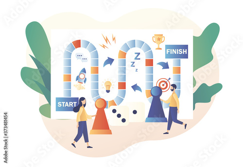 Tiny people playing and winning board games and dice. Leisure time activity, whole family or friends activity. Modern flat cartoon style. Vector illustration on white background