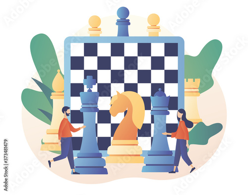 Chess game. Chess pieces. Tiny people playing and winning. Business strategy. Teamwork and competition. Board games. Modern flat cartoon style. Vector illustration on white background