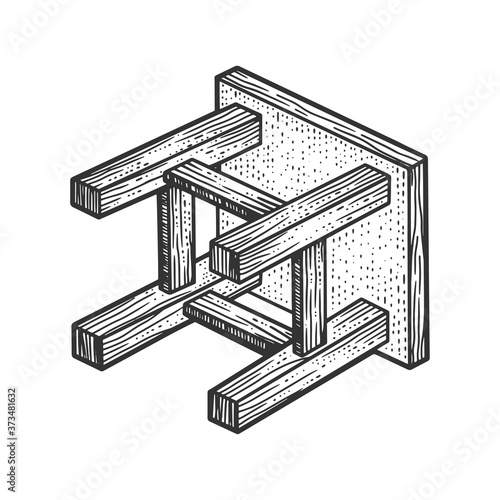 fallen stool sketch engraving vector illustration. T-shirt apparel print design. Scratch board imitation. Black and white hand drawn image.