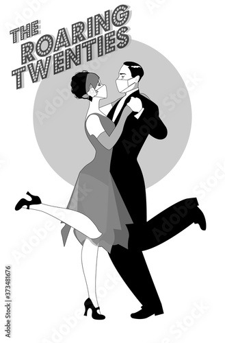 Roaring Twenties. Couple dancing charleston wearing retro clothes and face mask