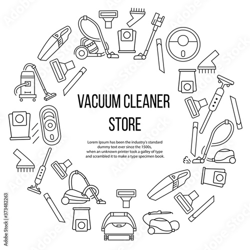 Vacuum cleaner circle banner with line flat icon. Template for vacuum cleaning store. In the center you can write any text. Concept for web posters and printed materials.