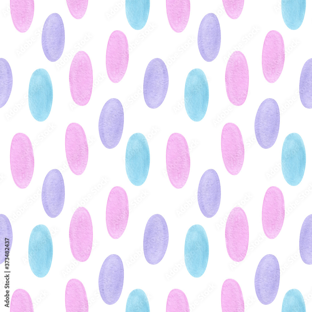 Pink, blue and lilac abstract spots, Seamless pattern. Stylish background with cute colored ovals imitating candy or confetti. On white background. Pink, blue and lilac abstract spots, Seamless pattern. Stylish background with cute colored ovals imitating candy or confetti. On white background.