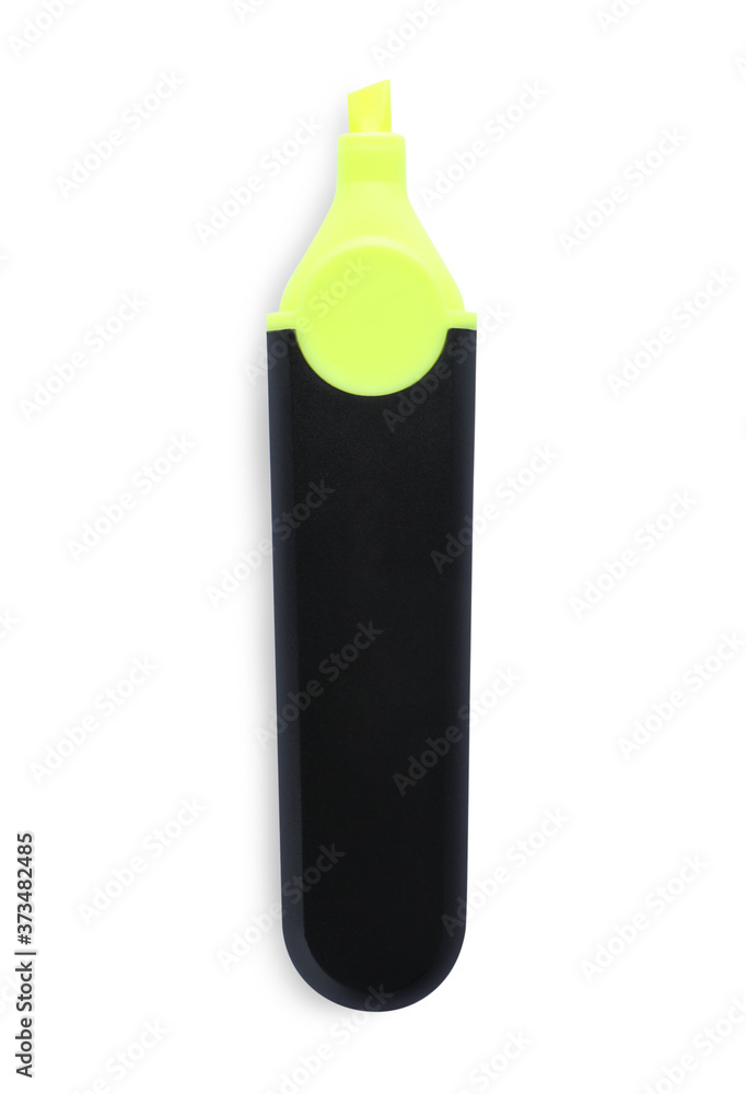 Bright color highlighter pen isolated on white, top view. School stationery Bright color highlighter pen isolated on white, top view. School stationery