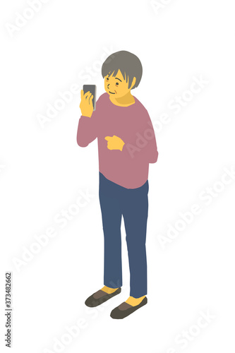 アイソメトリック図法 健康的なおばあちゃんがスマホを持っているベクターイラスト