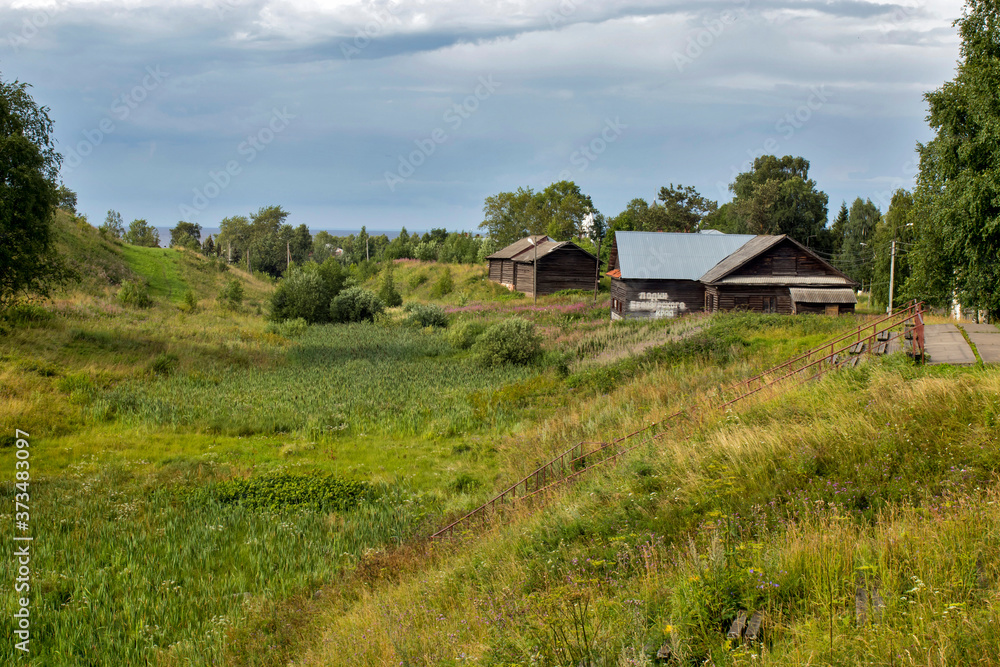 landscape with the image of old russian north town Belozersk