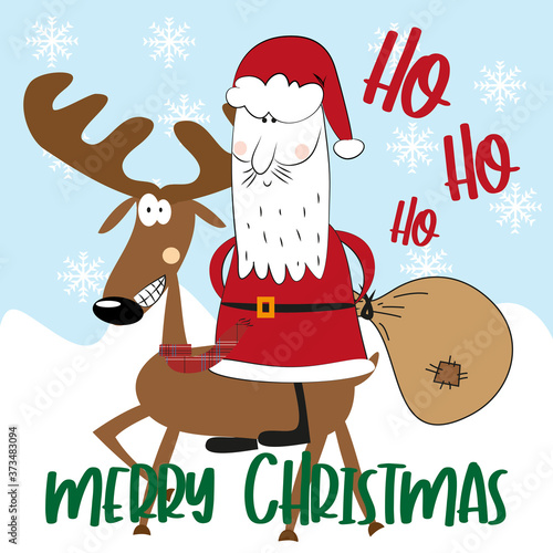 Merry Christmas- greeting with hand drawn Santa Claus and reindeer.
Good for greeting crad, poster, Chiristmas decoration, and gift design.