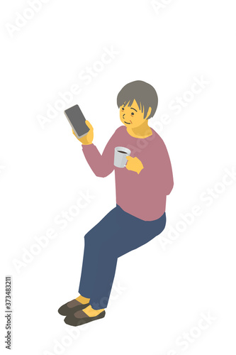 アイソメトリック図法 健康的なおばあちゃんがスマホを持って座っているベクターイラスト