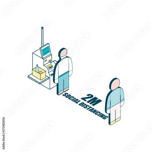 Shoppers line up at the cash register at a distance_
Self checkout