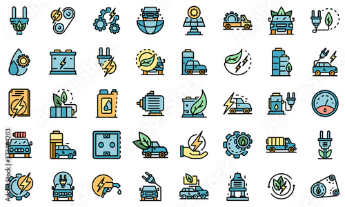 Hybrid car icons set. Outline set of hybrid car vector icons thin line color flat on white