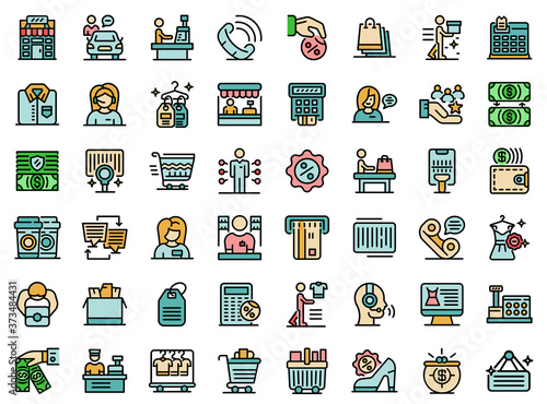 Shop assistant icons set. Outline set of shop assistant vector icons thin line color flat on white