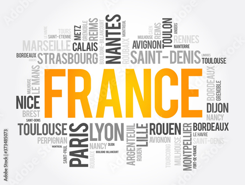 List of cities and towns in France, word cloud collage, travel concept background