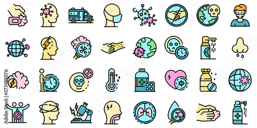 Coronavirus icons set. Outline set of coronavirus vector icons thin line color flat on white
