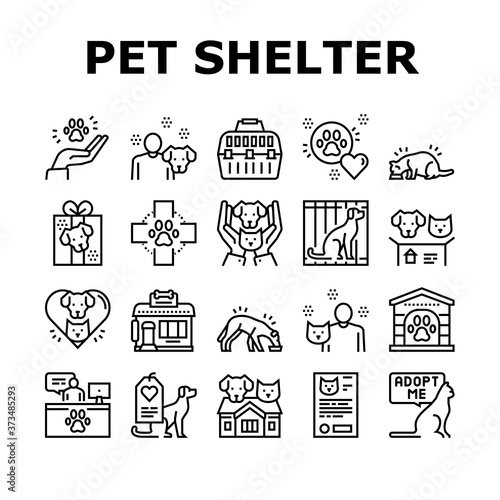 Animal Pet Shelter Collection Icons Set Vector. Pet Shelter Building And Worker, Eating Cat And Dog, Puppy Present And Medical Document Black Contour Illustrations