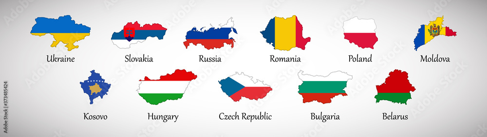 Obraz premium Set of Eastern Europe country maps with flags isolated on gray background, vector illustration