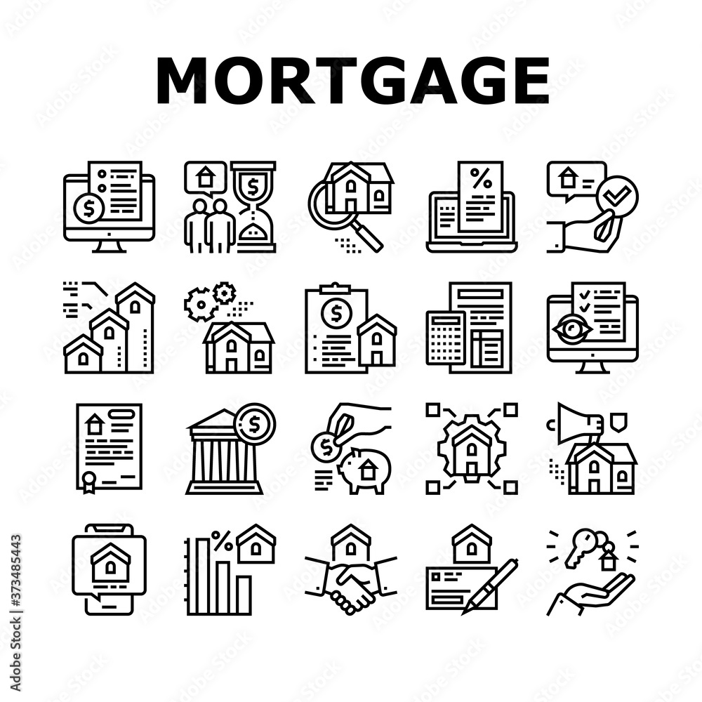 Mortgage Real Estate Collection Icons Set Vector. Mortgage Agreement Contract Signing And Handshake, House Research And Buying Black Contour Illustrations Mortgage Real Estate Collection Icons Set Vector. Mortgage Agreement Contract Signing And Handshake, House Research And Buying Black Contour Illustrations