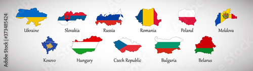 Set of Eastern Europe country maps with flags isolated on gray background, vector illustration
