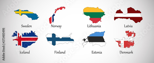 Set of Northern Europe country maps with flags isolated on gray background, vector illustration